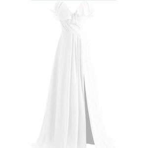 WHITE   V Neck Chiffon Bridesmaid Dresses Long with Slit Formal Evening Dress